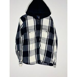 Arizona Jean Co Flannel Shirt Jacket Black White Plaid Hooded Button‑Up M
